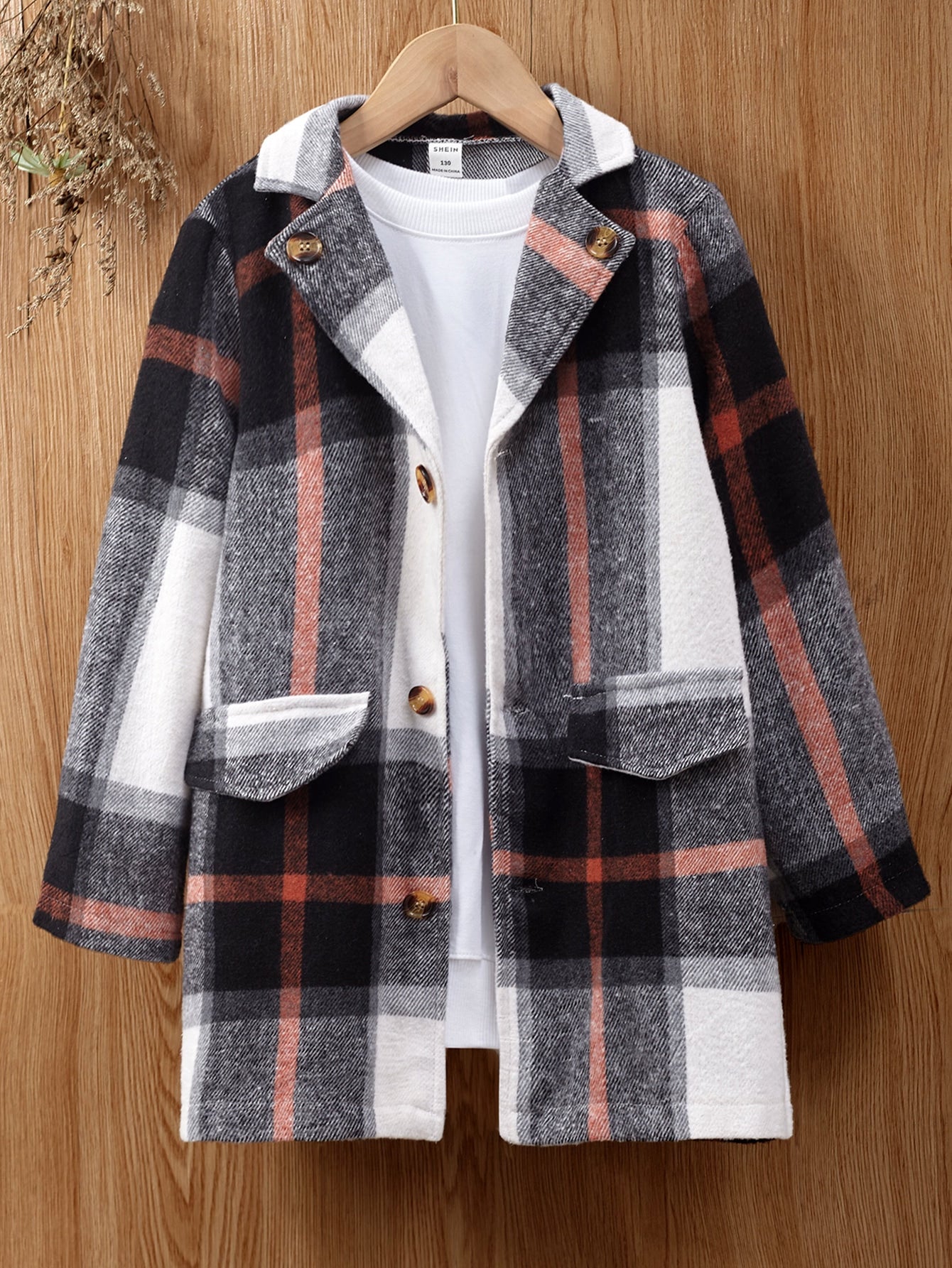 Boys Plaid Lapel Collar Overcoat Without Tee