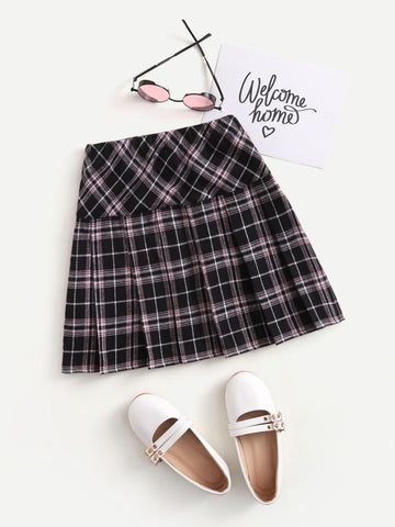 Tween Girl Tartan Print Wide Waistband Fold Pleated Skirt