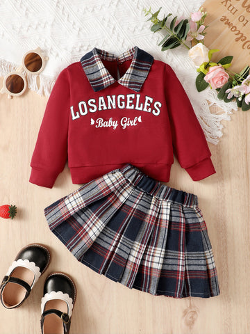 Baby Letter Graphic Contrast Collar Sweatshirt & Plaid Pleated Skirt