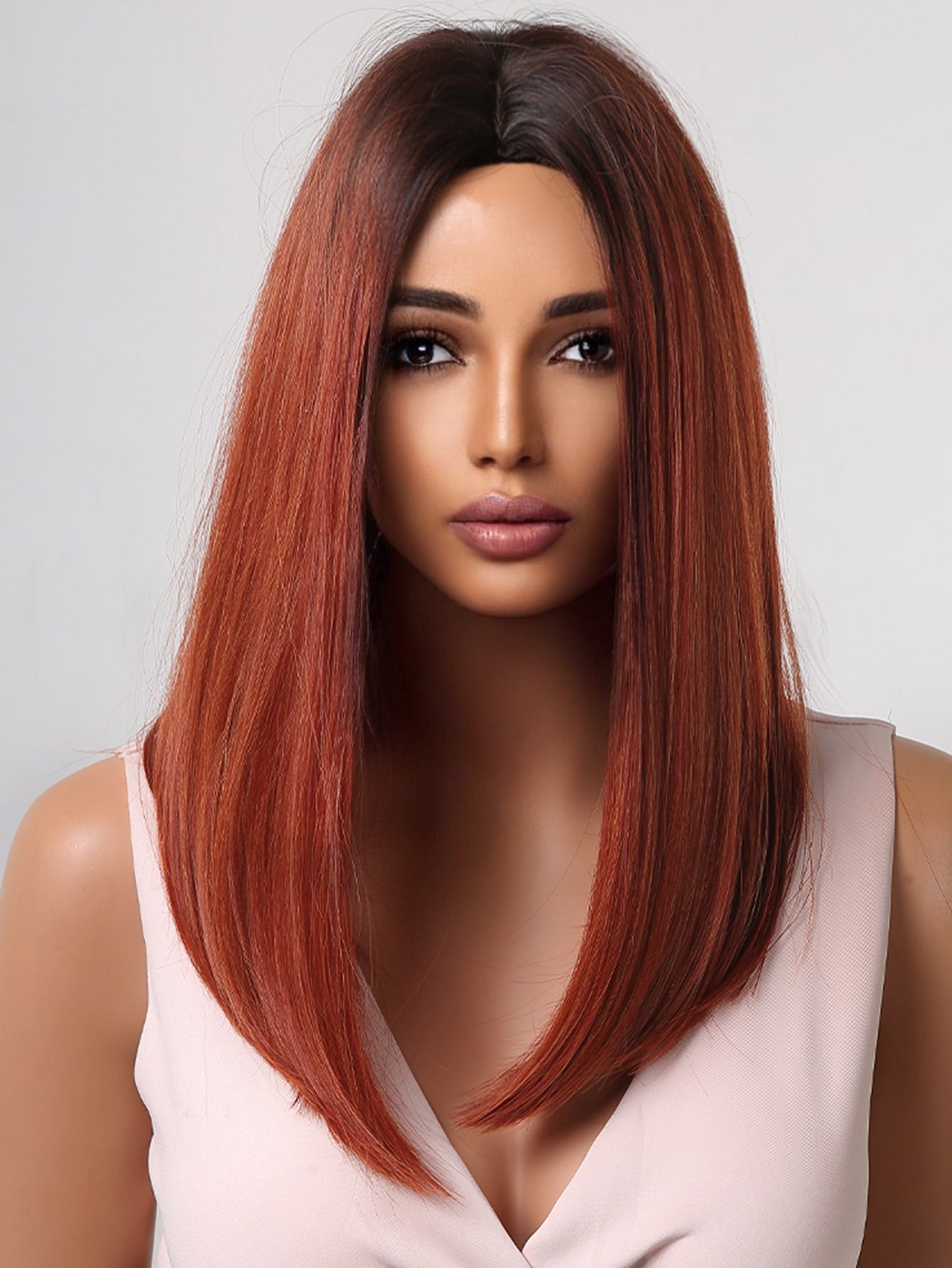 HAIRCUBE 18 Inch Black Brown Gradient Color Mid-Split Medium Long Straight Hair Beautiful Graceful Fashionable Enchanting Synthetic Wigs for Women