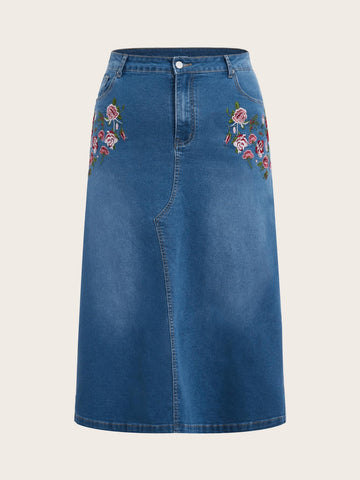 Plus Floral Embroidery Denim Skirt