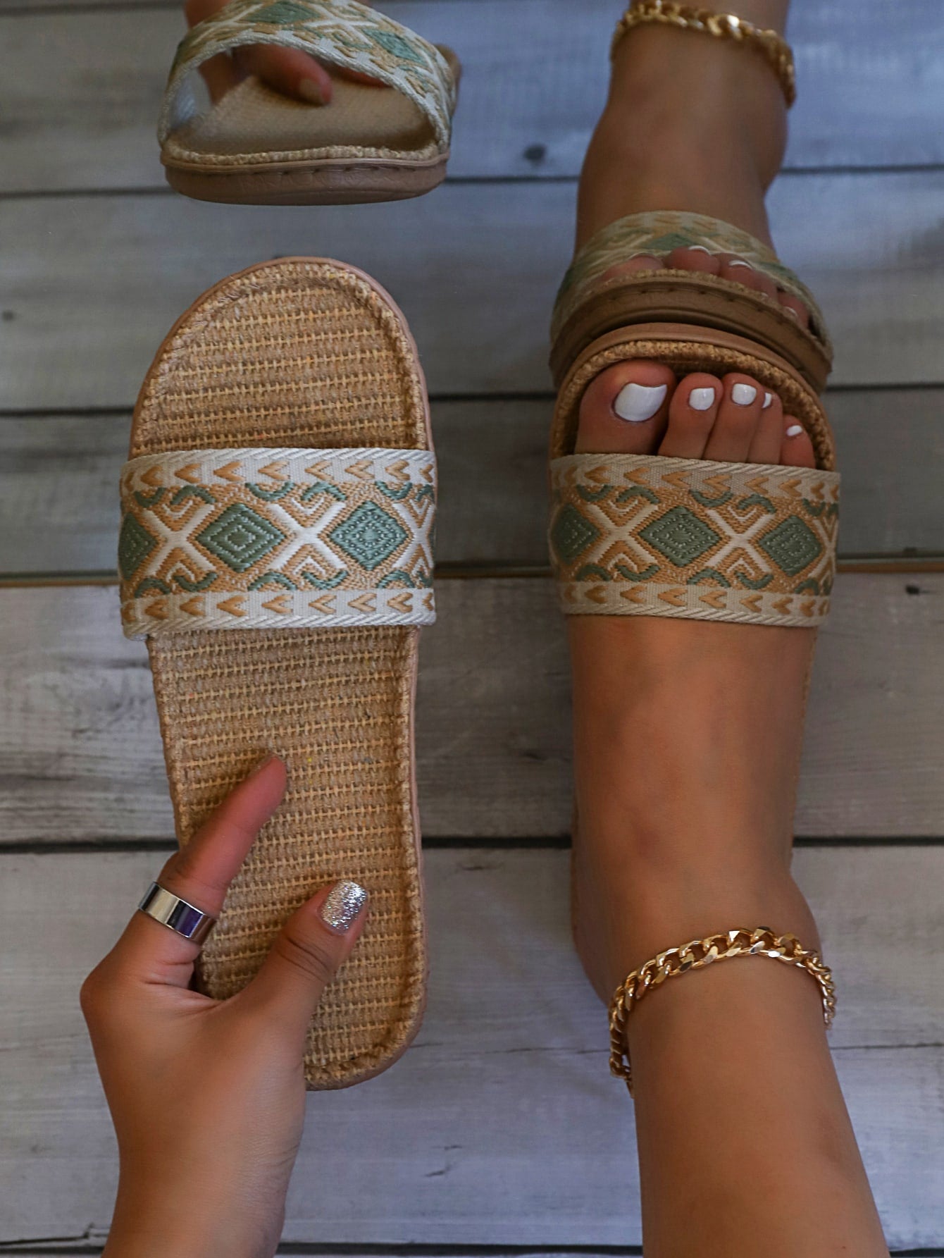 Women Geometric Pattern Single Band Slides, Open Toe Slippers For Vacation