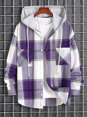 1pc Men's Loose Plaid Hooded Shirt With Dual Pockets