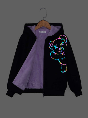 Tween Girl Reflective Cartoon Graphic Teddy Lined Zipper Hooded Jacket