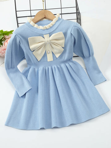 Young Girl Bow Front Frill Neck Gigot Sleeve Sweater Dress