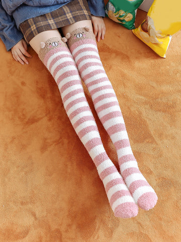 Striped Animal Embroidered Pom Pom Decor Over The Knee Socks