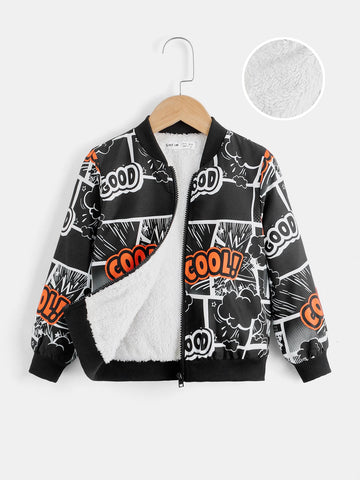 Toddler Boys Letter & Cartoon Graphic Teddy Lined Bomber Jacket