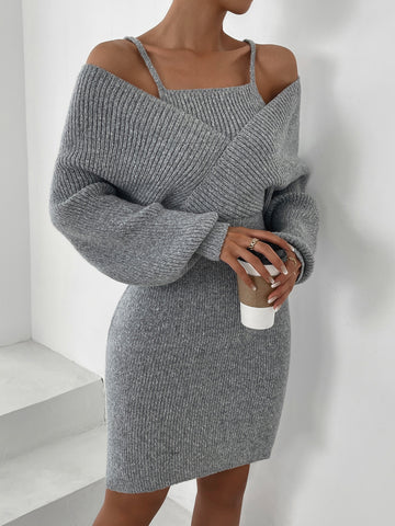 Dolman Sleeve Overlap Collar Sweater Dress