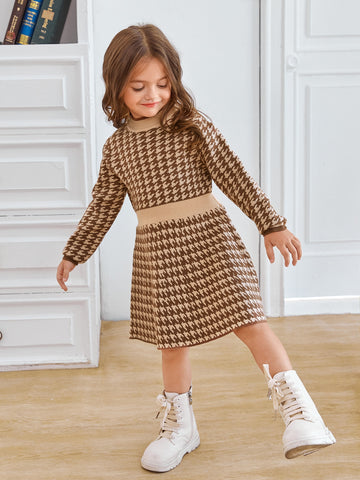 Young Girl Houndstooth Pattern Sweater Dress