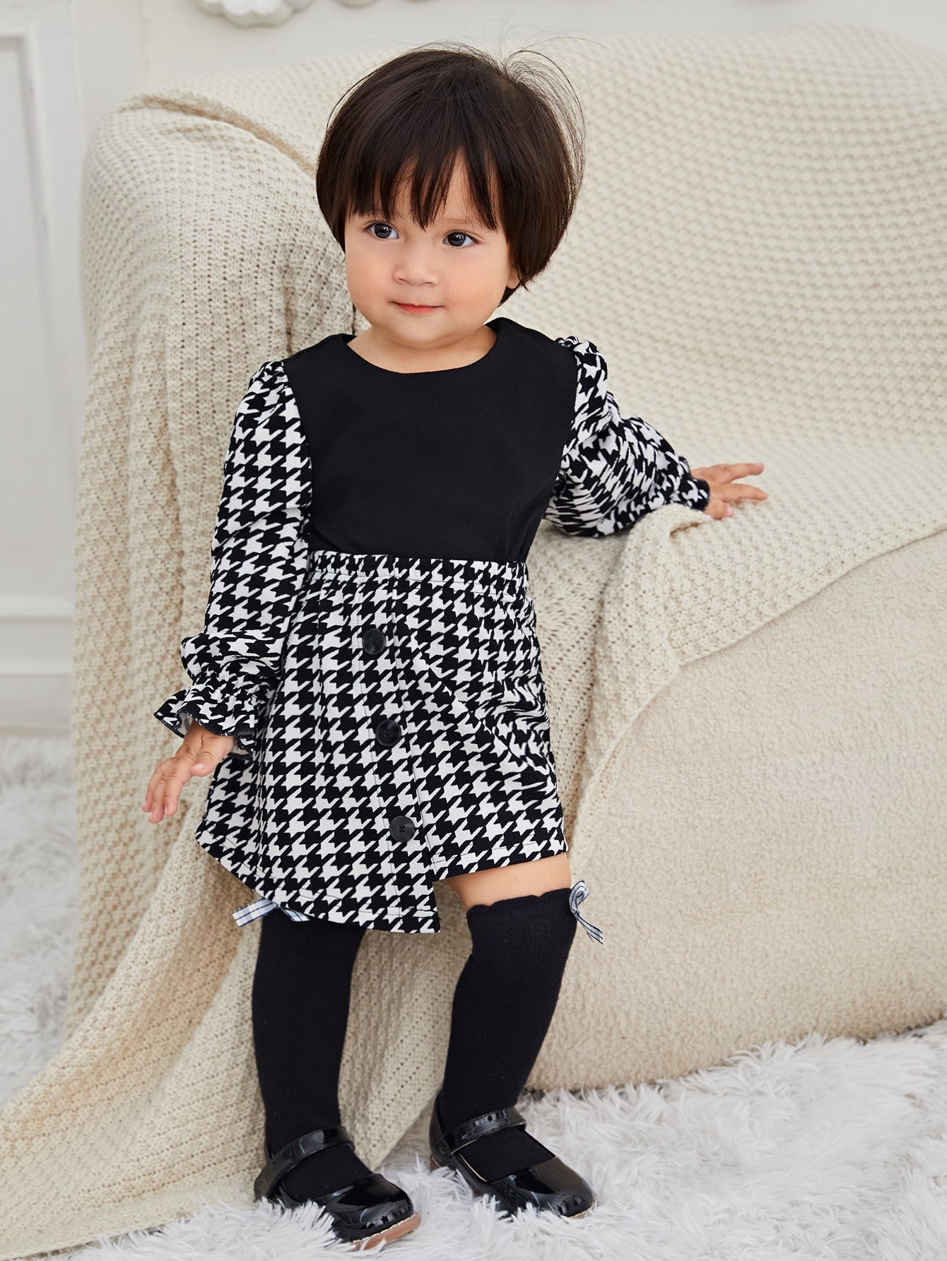 Baby Houndstooth Flounce Sleeve Top & Fake Button Skirt