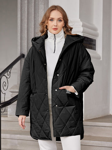 Plus Dual Pocket Drop Shoulder Hooded Quilted Coat