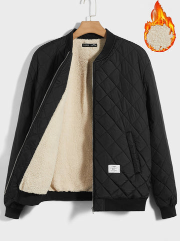 Men's Oversized Quilted Coat With Baseball Collar, Teddy Lining And Letter Embellishment