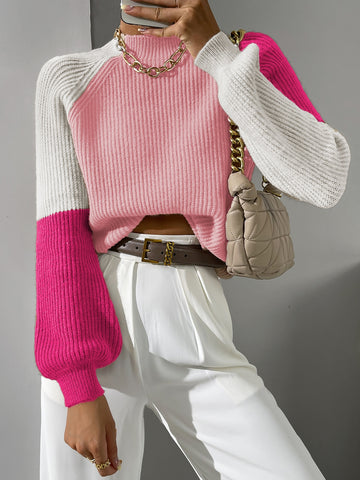 Color Block Mock Neck Raglan Sleeve Sweater