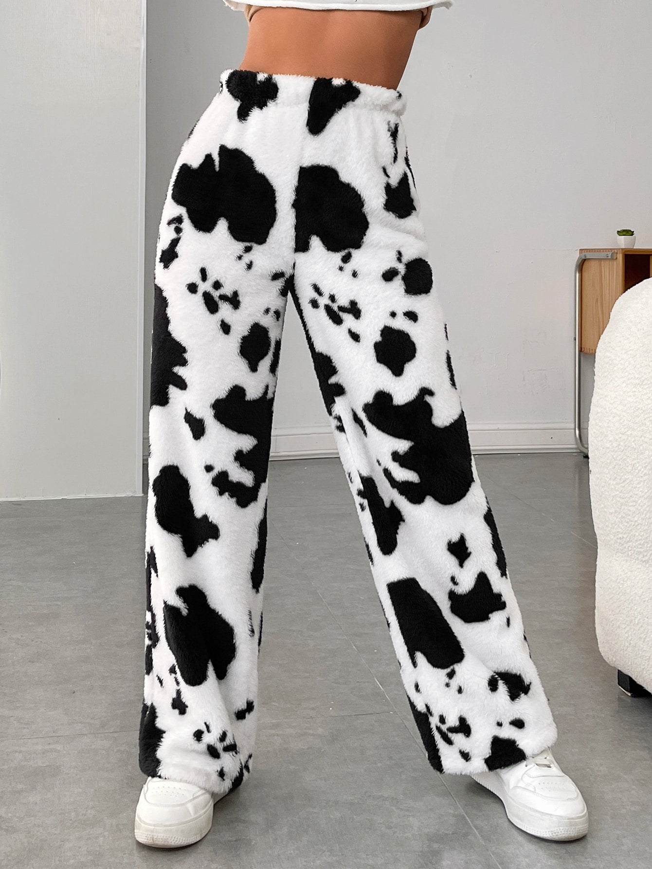 High Waist Cow Print Shearling Pants