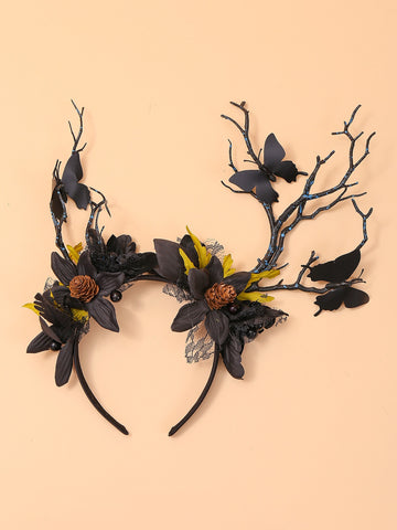 1pc Black Gothic Style Simulated Flowers, Pinecone, Butterfly Decor Headband For Women, Suitable For Party, Festival Wear