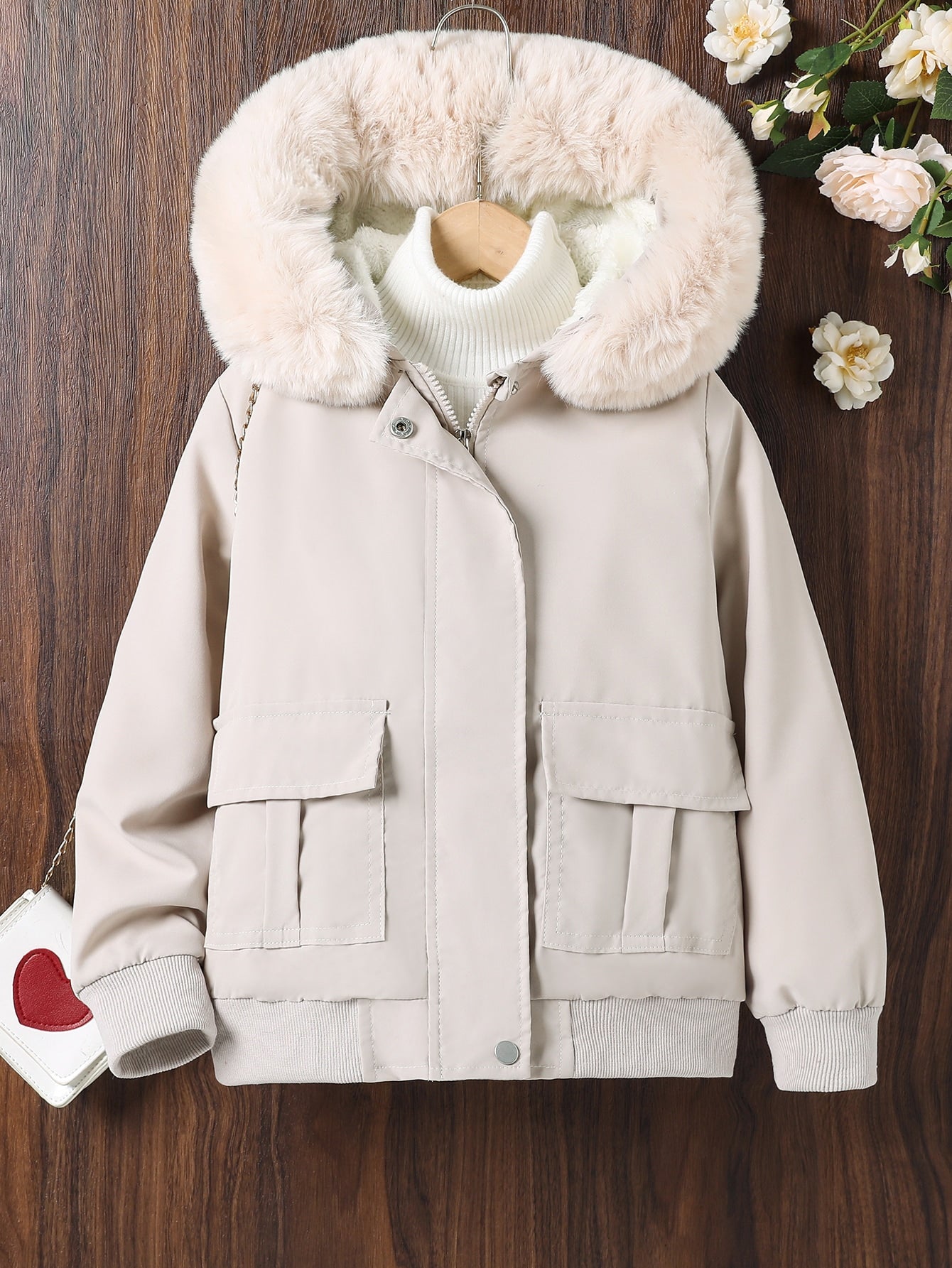 Tween Girl Teddy Lined Fuzzy Trim Hooded Jacket Without Sweater