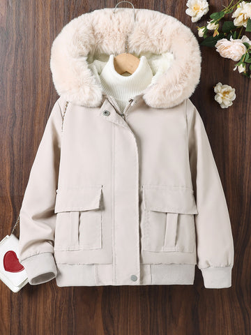 Tween Girl Teddy Lined Fuzzy Trim Hooded Jacket Without Sweater