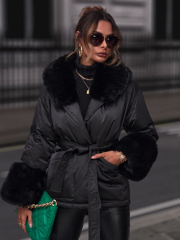 Fuzzy Collar Belted Puffer Coat