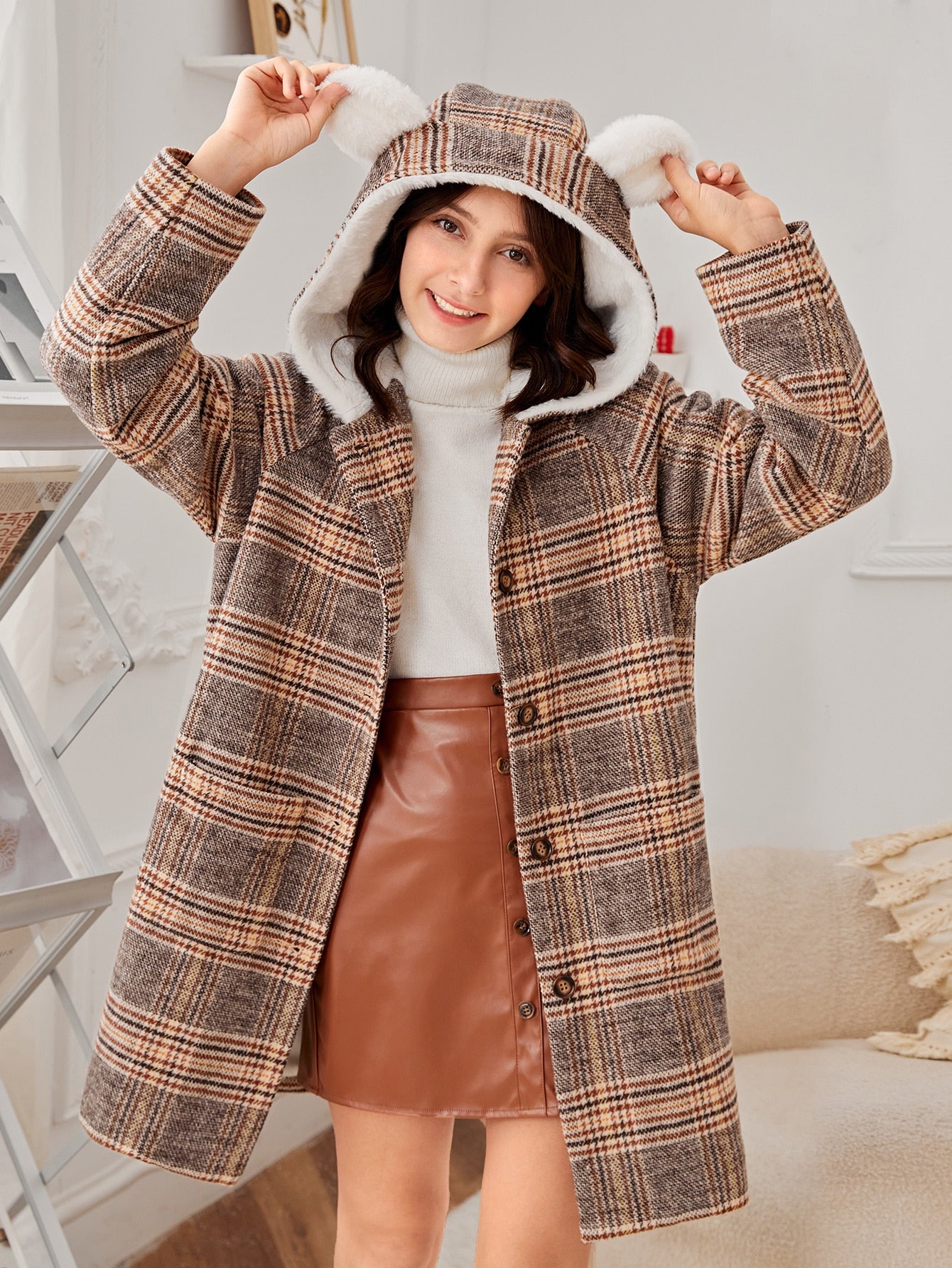 Teen Girls 3D Ear Patched Teddy Lined Plaid Overcoat
