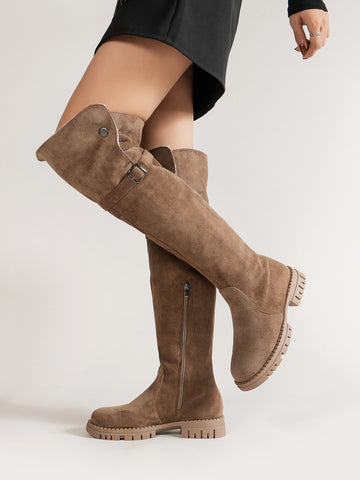 Buckle Decor Faux Suede Zip Side Thermal Lined Snow Boots