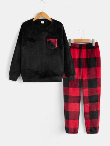 2pcs/Set Tween Boy's Casual Plaid Knitwear Set, Including Loose Fit Pullover With Pocket & Round Collar And Plaid Long Pants