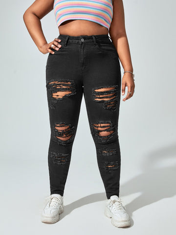 Plus High Waist Ripped Frayed Cut Out Skinny Jeans
