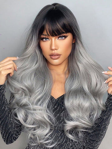 HAIRCUBE 28 Inch Long Curly Wigs with Bangs Ombre Gray Wavy Wigs Dark Root for Women Synthetic Wigs for Girls Daily Party Use Cosplay black friday ofertas especiales