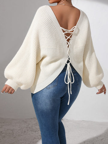 Plus Lace Up Back Batwing Sleeve Sweater
