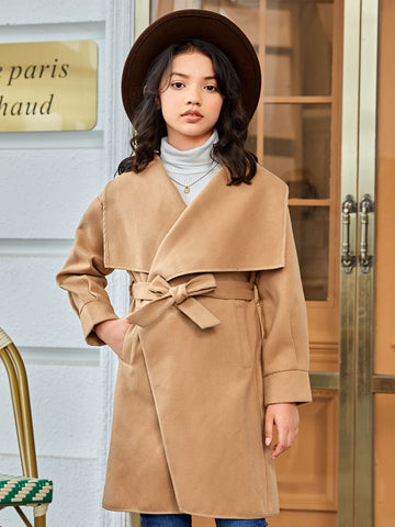 Girls 1pc Waterfall Collar Belted Overcoat