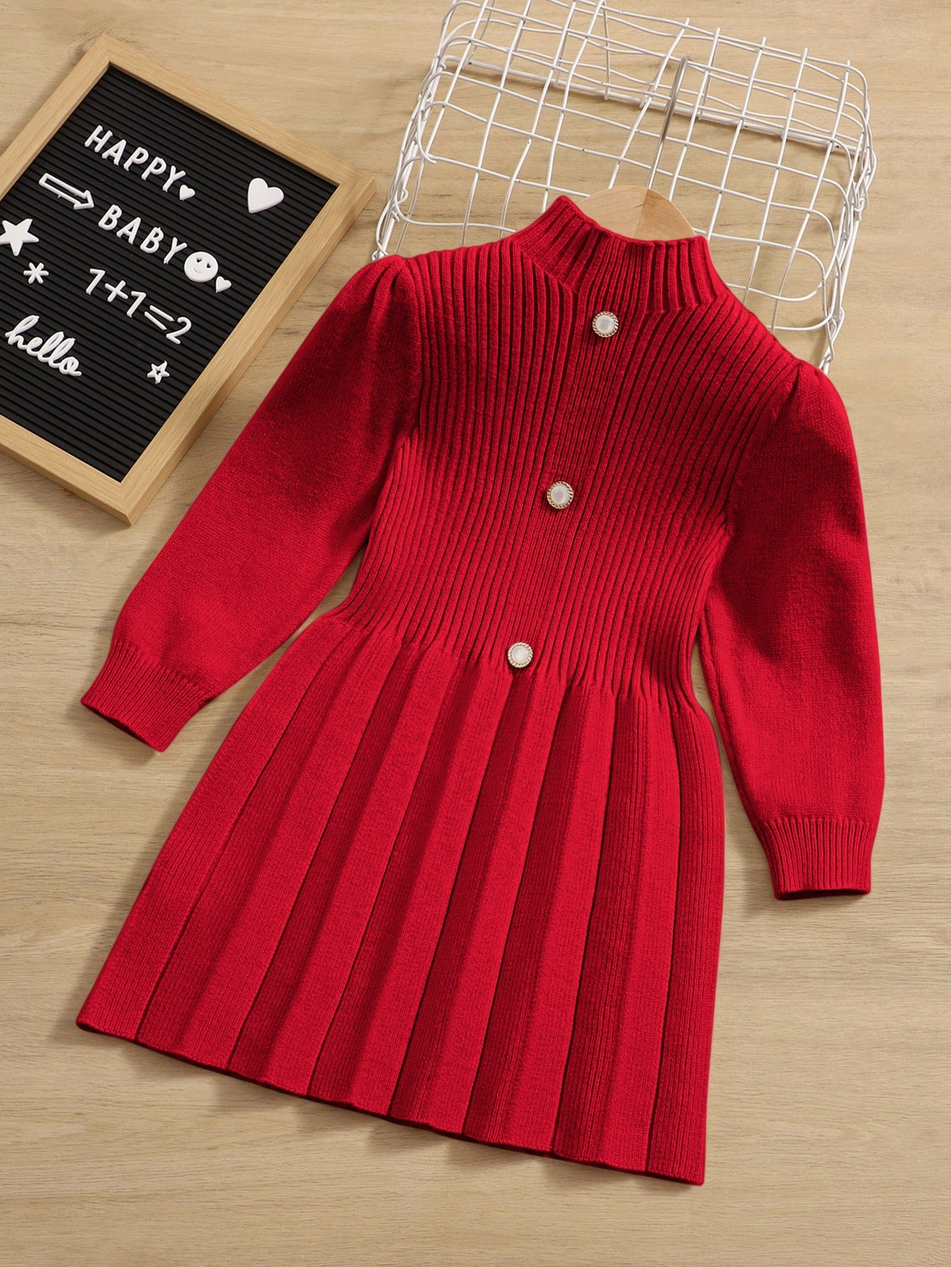 Young Girl Mock Neck Pleated Sweater Dress
