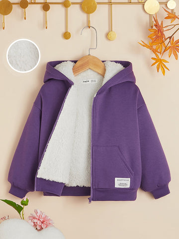 Toddler Girls Letter Patched Detail Teddy Lined Hooded Jacket