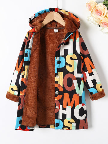 Girls Letter Graphic Teddy Lined Hooded Coat