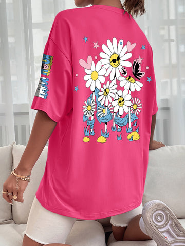 Floral And Letter Graphic Drop Shoulder Tee