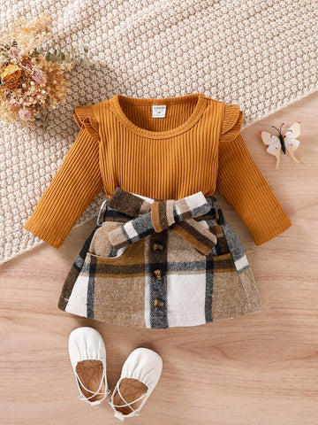 Baby Ruffle Trim Tee & Plaid Fake Button Belted Skirt