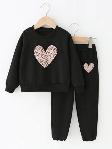 Young Girl Leopard And Heart Print Pullover & Sweatpants