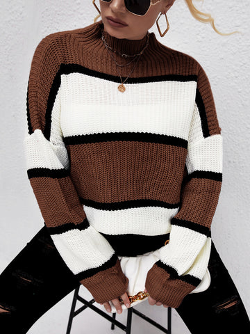 Plus Striped Pattern Colorblock Drop Shoulder Sweater