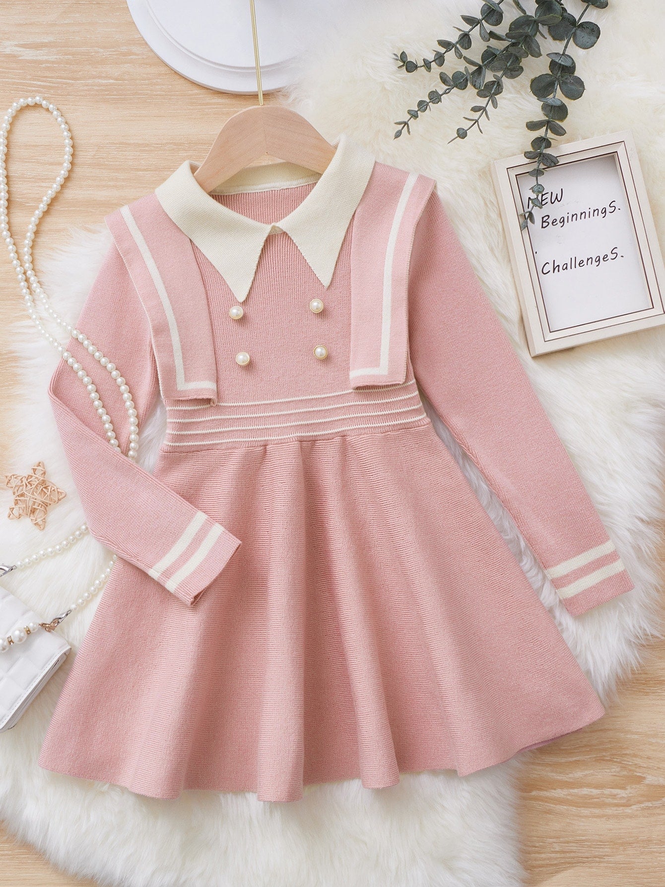 Young Girl Striped Trim Button Detail Sweater Dress