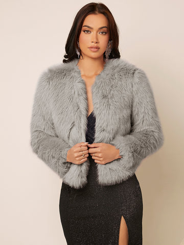 Solid Open Front Fuzzy Coat