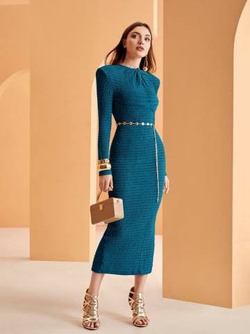 Textured Mock Neck Twist Front Bodycon Dress Without Belt
