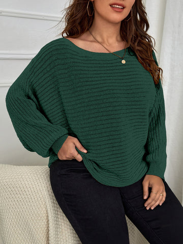 Plus Ribbed Knit Batwing Sleeve Sweater