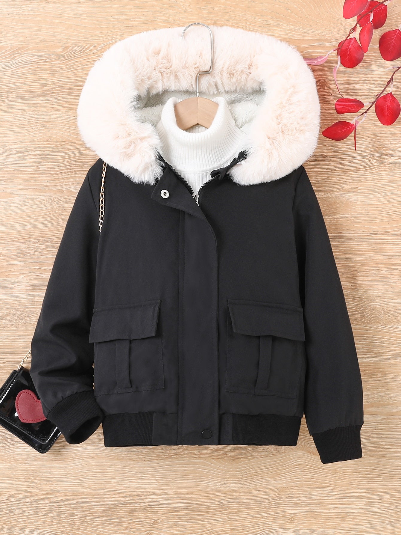 Girls Teddy Lined Fuzzy Trim Hooded Jacket Without Sweater