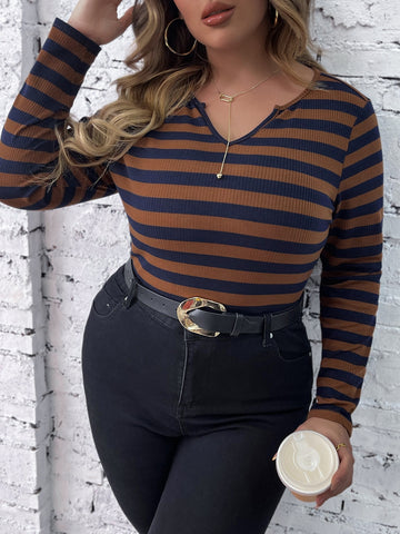 Plus Striped Print Notched Neck Tee