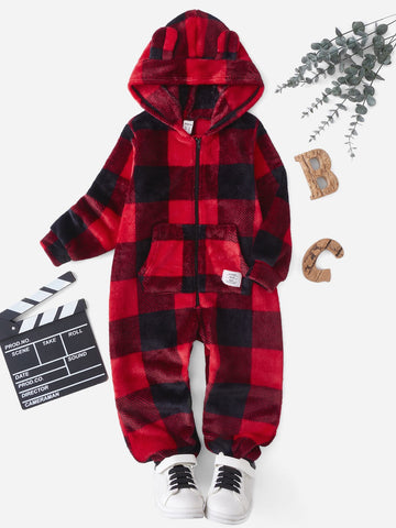 Young Boy Buffalo Plaid Print 3D Ears Design Hooded Flannel Jumpsuit
