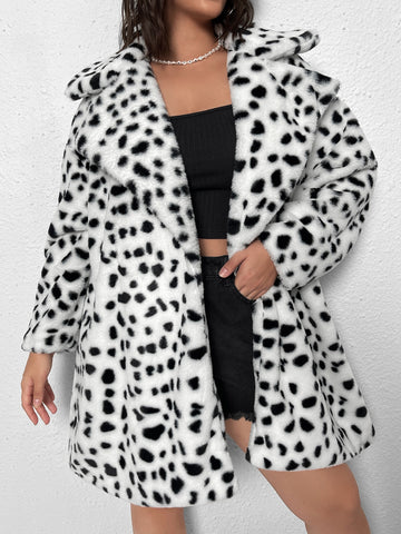 Plus Size Dalmatian Pattern Drop Shoulder Fuzzy Loose Coat