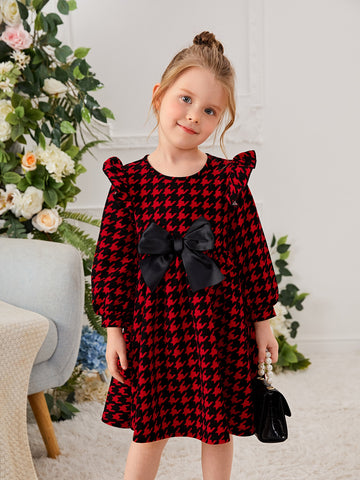 Young Girl Houndstooth Print Bow Front Dress