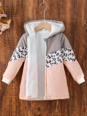 Toddler Girls Leopard Print Colorblock Teddy Lined Hooded Winter Coat