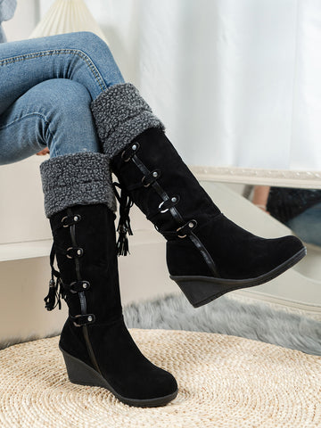 Tassel & Studded Decor Fuzzy Panel Faux Suede Wedge Boots