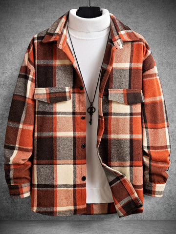 1pc Loose Fit Men's Plaid Overcoat With Flap Detail And Drop Shoulders