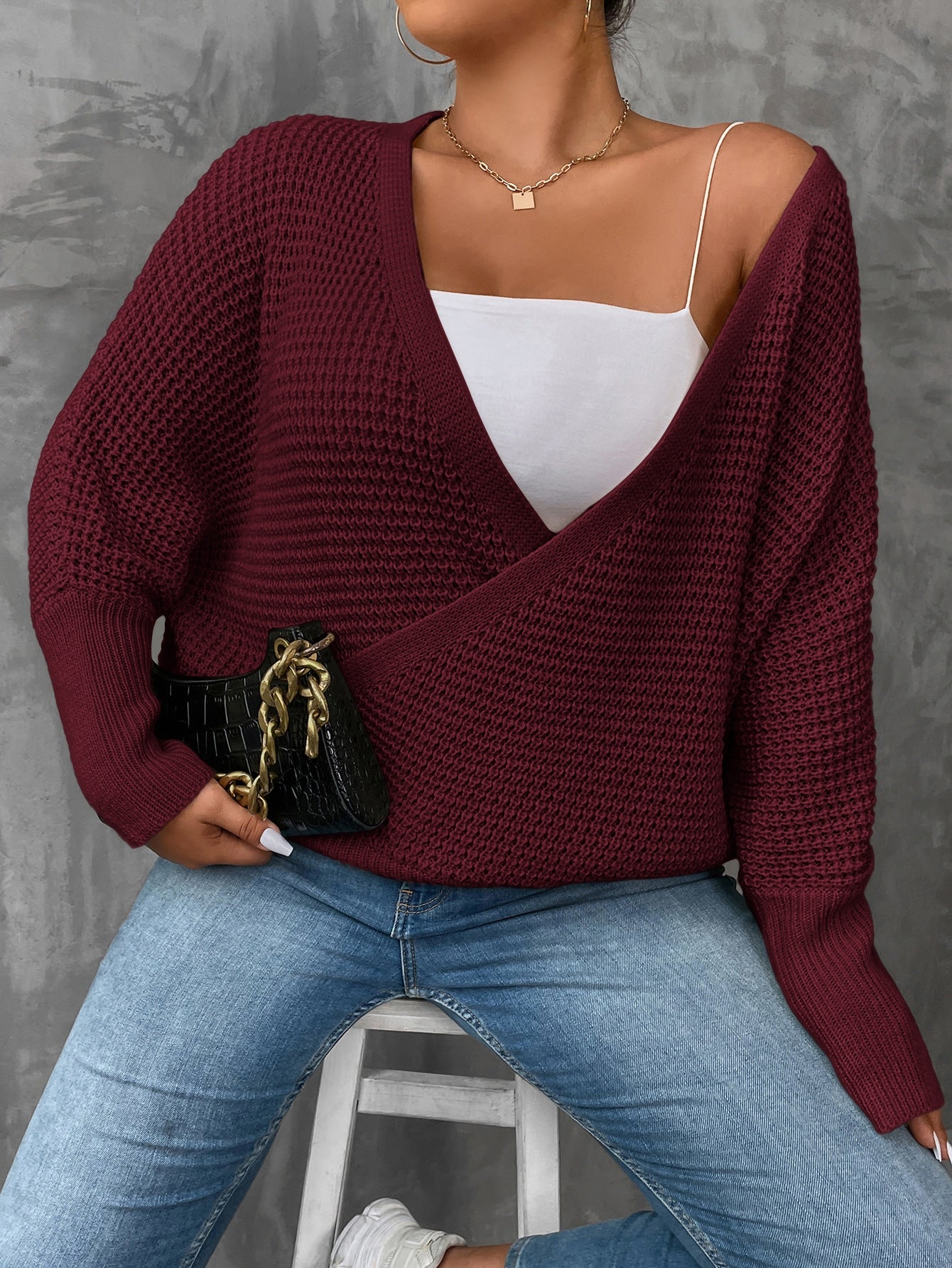 Plus Dolman Sleeve Overlap Collar Sweater Without Camisole