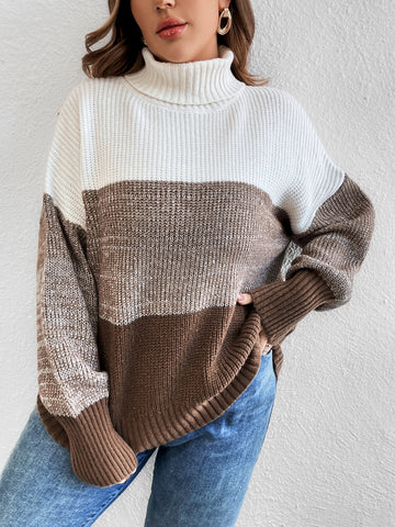 Plus Color Block Turtleneck Drop Shoulder Sweater